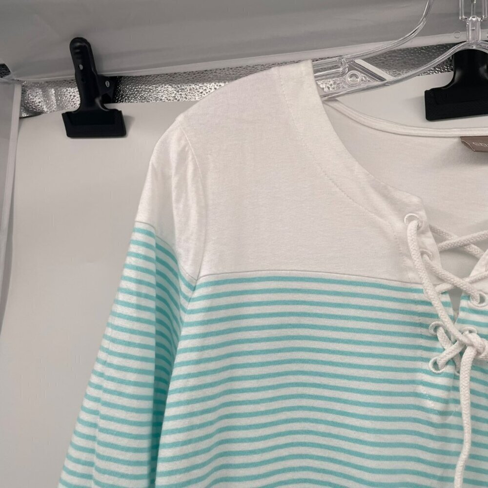 Chico's Womens Striped Top Lace Up Neck Turquoise/White Size Medium - Picture 5 of 9